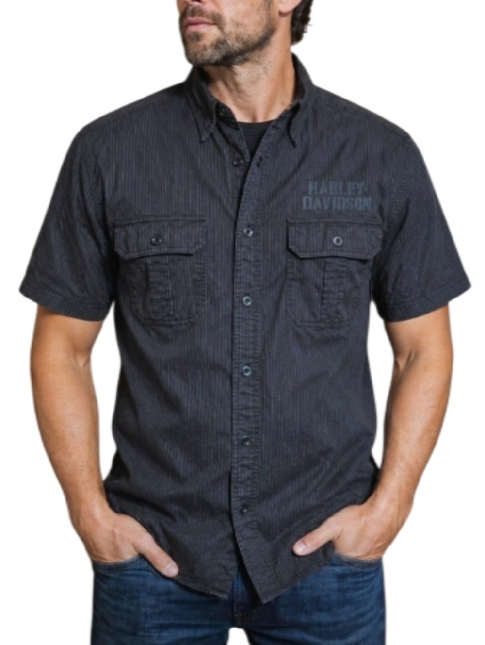 Harley-Davidson Short Sleeve Button-Down Striped Button Down Black Shirt
